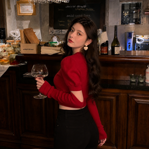 Viral Influencer Favorite New Arrival Y2K Style Wine <b>Red</b> Round Neck Puff Sleeve <b>Cropped</b> Knit <b>Top</b> with Arm Cuffs for Date Night - Product Image 2
