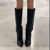 Bottes hautes à bout pointu pour femmes, talon compensé, fermeture éclair latérale, bottes hautes en cuir à la mode, 2 couleurs