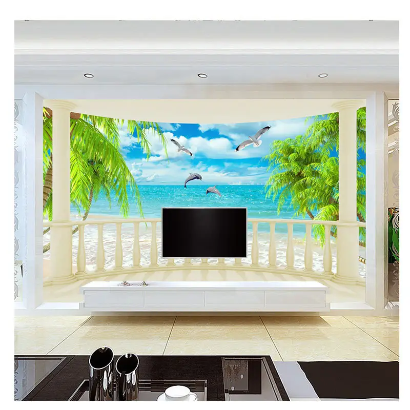 寝室のリビングルームの壁の壁画の家の装飾のためのココナッツの木の海の景色の背景の壁紙とカスタム壁画の窓