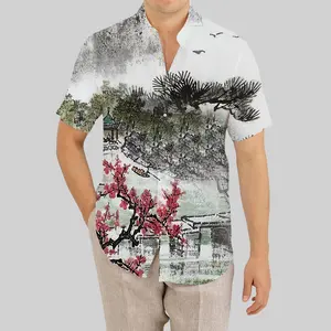 Nouveau motif de bateau de peinture à l'encre de Chine chemise imprimée en 3D chemises imprimées de fleurs Vintage pour hommes