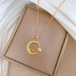 Elegante estrella Luna circón collar luz lujo completo diamante collar hermosa mujer clavícula cadena titanio acero collar - Product Image 4