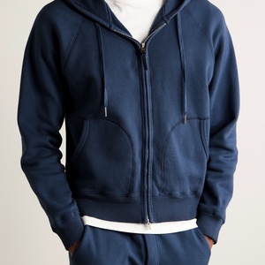 Sweat-shirts à capuche zippés bleu marine personnalisés 100 % coton avec fermeture double sens, tenue homme, survêtements avec étiquette en cuir - Product Image 2