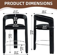 Chaise de tabouret de bar en velours haut pour comptoir de cuisine moderne avec repose-pieds en métal à dossier ouvert et rembourré à 3 pieds