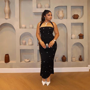 Vestido Vintage Antiestático <span class=keywords><strong>Elegante</strong></span> de Estilo Europeo Americano con Hombro Descubierto, Cuello Halter, Abertura Alta y Adornos de Cuentas y Diamantes, Corte Imperio - Product Image 2