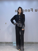 Transfrontalier européen américain femmes mode décontracté à manches longues Cardigan strass pantalon large costume ensemble femmes