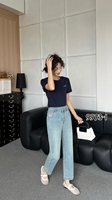 Jean cigarette taille haute bleu clair pour femme grande taille, boutonné, en tissu élastique délavé, inaltérable, avec poche brodée, toutes saisons