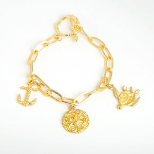Joyería de moda Mosquetón chapado en oro de 18 quilates Pulsera de cadena con dijes de Tortuga/ancla/vida de árbol - Product Image 1