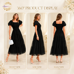<span class=keywords><strong>Vestido</strong></span> Midi <span class=keywords><strong>de</strong></span> Tul Fruncido para Mujer, Verano 2026, Manga Corta Abullonada, Cuello Cuadrado, con Volantes, para Invitadas <span class=keywords><strong>de</strong></span> <span class=keywords><strong>Boda</strong></span> y Fiestas - Product Image 2