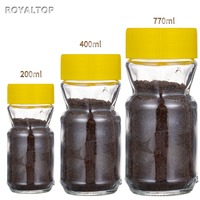Botol kaca persegi bulat mulut lebar massal 8oz 14oz 16oz 28oz kaleng kopi instan teh kaca besar dengan tutup plastik PP