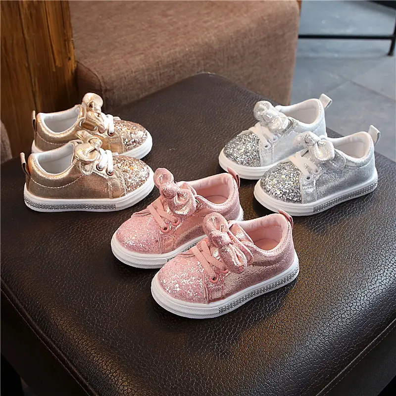 In Stock Spring Autumn Children's Shoes Cute Bowknot Design Sequins Girls Flat Shoes Solid Color Fashion Casual Shoes Kids