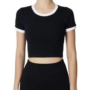 Custom logo Black and White Contrasting Crop Top Cotton <strong>Basic</strong> Tshirt Casual Round Neck <strong>Tee</strong> for Women - Product Image 1