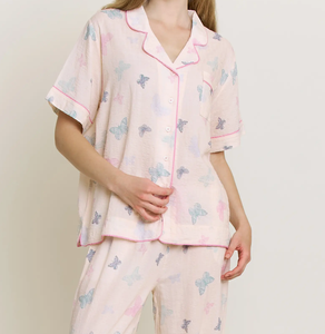 Ensemble de pyjama court en jersey tricoté pour femme, en coton doux, avec passepoil rose, taille haute extensible, vêtements de nuit <span class=keywords><strong>et</strong></span> de <span class=keywords><strong>d</strong></span>étente - Product Image 1