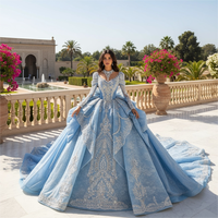 Gaun Pesta Quinceanera Biru Kustom XS136 dengan Lengan Panjang dan Kerah Tinggi Berbunga, Fitur Ibu Pengantin