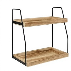 Double Tier Wood <b>Storage</b> <b>Rack</b> 14x6.7x13 Inch Rectangular <b>Kitchen</b> Counter Organizer Minimalist Style Durable Stand Type - Product Image 3