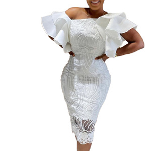 X7005 Nouvelle Robe de Soirée <span class=keywords><strong>Chic</strong></span> en Dentelle à Épaule Unique et Manches Volants pour <span class=keywords><strong>Femme</strong></span>, Couleur Unie, Décontractée, Été, Blanche - Product Image 1