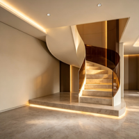 Escalier en marbre courbé de luxe moderne avec garde-corps en verre ambré et éclairage LED pour la décoration intérieure de villas et d'hôtels