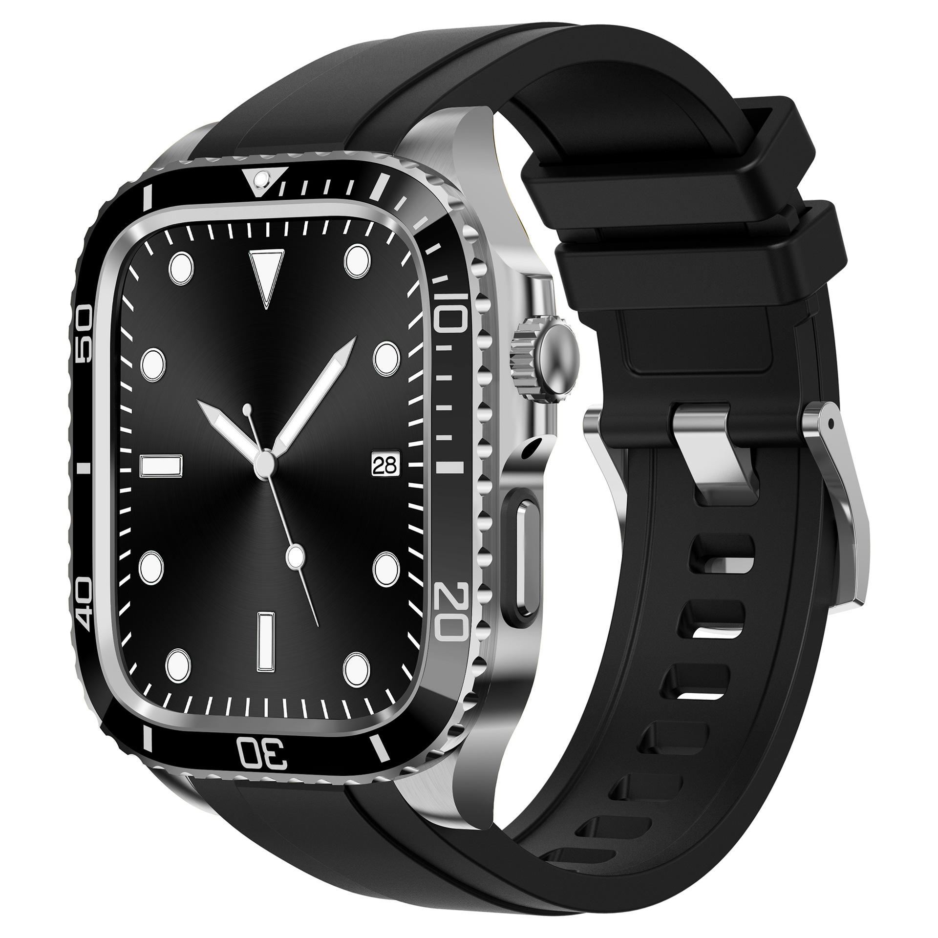 Bracelet en TPU noir, lunette argentée, avec boîte.