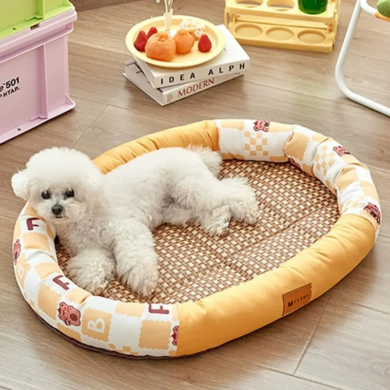 New Cute Cartoon Summer Cooling Dog Ice Mat Moisture-Resistant Dirty Rattan Bamboo Cat Nest Dog Bed