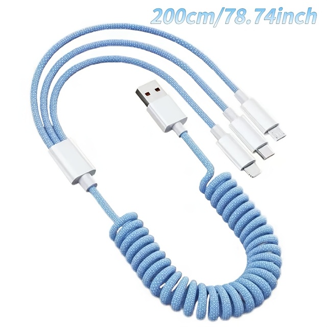 Braided 3 in 1 Spring Coiled Charging Cable Retractable 1.5M USB-C Lightning Micro USB Fast Charge for Car Phone Mobile