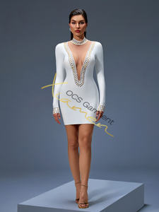 सफेद पट्टी के माध्यम से वी कट सफेद पट्टी मिनी पोशाक लंबी आस्तीन वाली महिला पार्टी क्लब रात के लिए लंबी आस्तीन वाली रेहाना सेक्सी पोशाक - Product Image 3