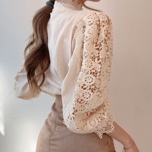 <span class=keywords><strong>Chemise</strong></span> à manches longues à <span class=keywords><strong>col</strong></span> montant, style chic et élégant, nouvelle collection coréenne printemps 2026, en gros, avec boutons, dentelle, fleurs ajourées et coutures - Product Image 5
