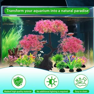 Décorations pour aquarium, plantes artificielles en plastique écologiques de haute qualité, grottes et roches, ensemble de 10 pièces avec des tailles petites et grandes - Product Image 3