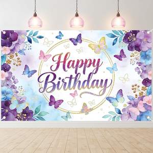 Décor de fond d'anniversaire papillon pour fille et femme, décorations papillon violettes joyeuses anniversaire, bannière d'anniversaire parfaite à l'<span class=keywords><strong>aquarelle</strong></span> florale - Product Image 1