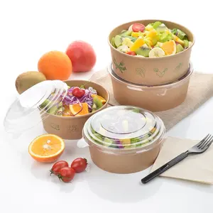 Mangkuk Kertas Mudah Terurai Sekali Pakai untuk Membawa Mangkuk Salad, Wadah Salad Kraft dengan Tutup Kertas/PLA Opsional