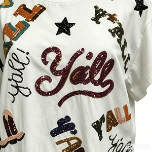 Fashion Custom Embroidery Sequin Words Formal Lace 100% Cotton Clothing <strong>Tops</strong> Women Stylish Short Sleeves <strong>Sparkle</strong> Women's T - Product Image 3