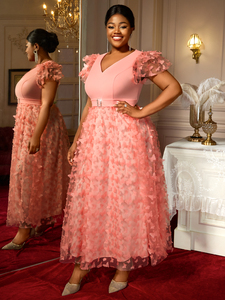 AM050509 Abito da Sera da <span class=keywords><strong>Donna</strong></span> Taglie Forti Rosa con Scollo a V, Maniche Corte, Applicazioni a <span class=keywords><strong>Farfalla</strong></span> e Cintura, Modello a Trapezio - Product Image 2