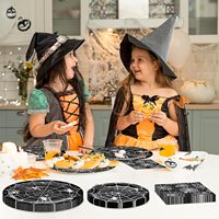 Perlengkapan Pesta Jaring Laba-laba Halloween - Piring Sekali Pakai, Serbet, Garpu, Desain Laba-laba Hitam Putih untuk Halloween