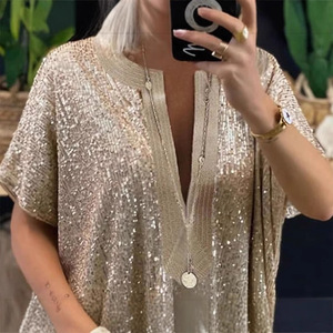 Camisa de Manga Corta con Cuello en V y Lentejuelas, Color Dorado y Plateado, Blusa de Fiesta, Top Informal Holgado para Mujer, Tela de Poliéster - Product Image 3