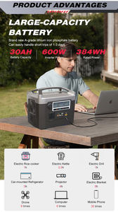 Générateur solaire portable, station d'alimentation 600W 384Wh, chargeur de voiture AC/DC, batterie LiFePO4, contrôleur MPPT, lampe torche - Product Image 5
