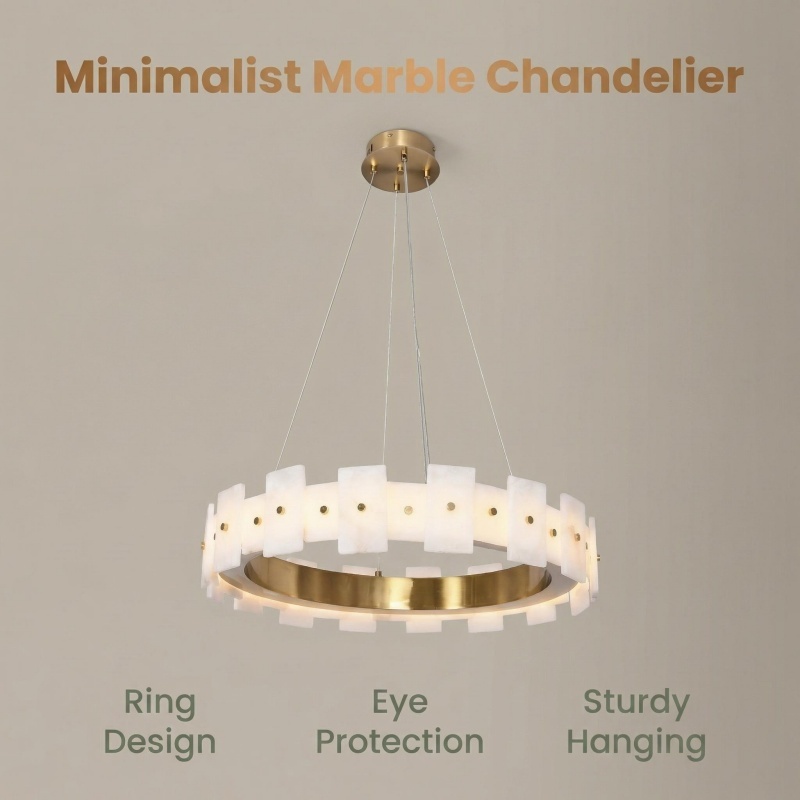 Customized Long Modern Marble Chandelier Copper Body Metal Chain EU Market Natural Home Style LED Lights Middle Gold Finish