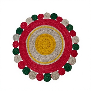 Handmade Jute Round Area Rug Abstract Bohemian Style Red <b>Yellow</b> Spiral Pattern Living Room Decor Flat Pile Spot Clean - Product Image 2