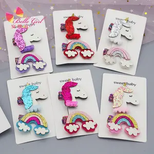 BELLE WORLD benutzer definierte Karten verpackung 4,5 cm Kreative süße süße Einhorn Regenbogen Glitter Alligator Haars pangen Haarnadeln für Babys