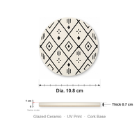 Sous-verre en céramique rond de 10,8 cm, motif tribal diamanté, impression UV émaillée, base en liège, pour décoration de table basse, cadeau