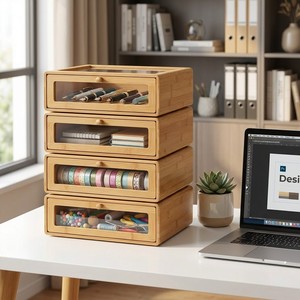 Organisateur de bureau modulaire en bambou empilable avec fenêtre de visualisation, armoire gain de place pour salle d'artisanat - Product Image 2