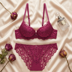 Ensemble de lingerie féminine romantique en dentelle florale avec soutien-gorge à armatures et culotte bikini, bretelles réglables, bonnet complet, push-up, grandes tailles - Product Image 3