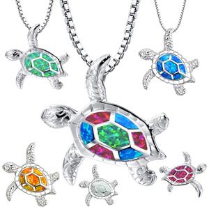古典的なブルー宝石オパールウミガメ動物ペンダントネックレス女性のための女性動物結婚式オーシャンビーチジュエリーチャームギフト - Product Image 1