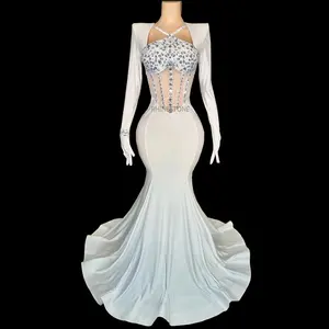 Elegant Birthday Celebrate Wedding Evening Prom Dresses Sparkly Rhinestones White Mermaid Dress with Gloves for Women