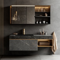 Meuble de salle de bain moderne de luxe en bois massif avec tiroir de rangement en MDF PVC, miroir LED demi-lune, plan de travail en marbre - pour hôtels