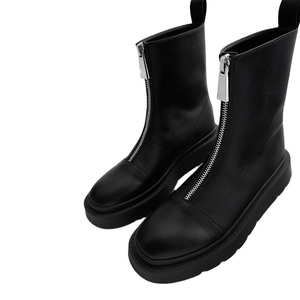 Short Boots: Women's Flat Bottomed Autumn and Winter New Front Zipper Boat Style Thick Soled Chimney Boots, Versatile, Simple <strong>Ro</strong> - Product Image 1