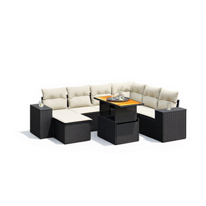 Conjunto de Sofá de Jardín de Ratán Negro con Cojines Crema, Muebles de Exterior de 6 Plazas con Mesa, Diseño Contemporáneo - Product Image 1