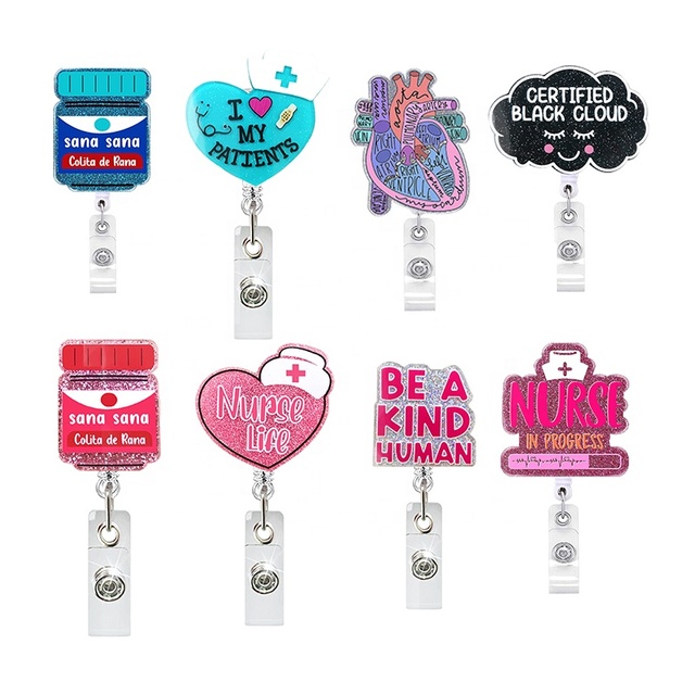 Custom Plastic Retractable Id Card Holder Working Medical Badge Holder Porte Badge Shiny Nurse Glitter Badge Reel