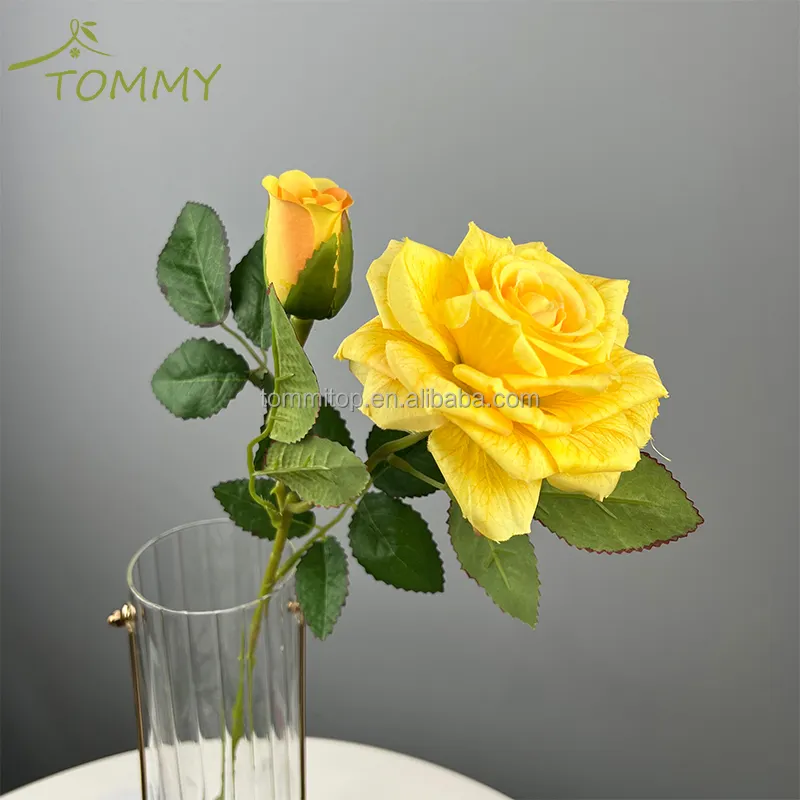 Decorative flowers 2 head artificial roses with stem yellow roses