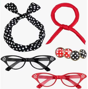 مجموعة إكسسوارات حفلات على الطراز الأوروبي والأمريكي من خمسينيات القرن العشرين تشمل نظارات عين القطة وعصابة رأس منقطة وأقراط - Product Image 6