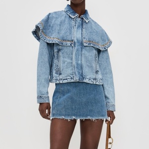 Veste en jean délavé bleu clair pour femme, style mode, printemps-automne, col brodé, ourlet court, vente en gros - Product Image 1