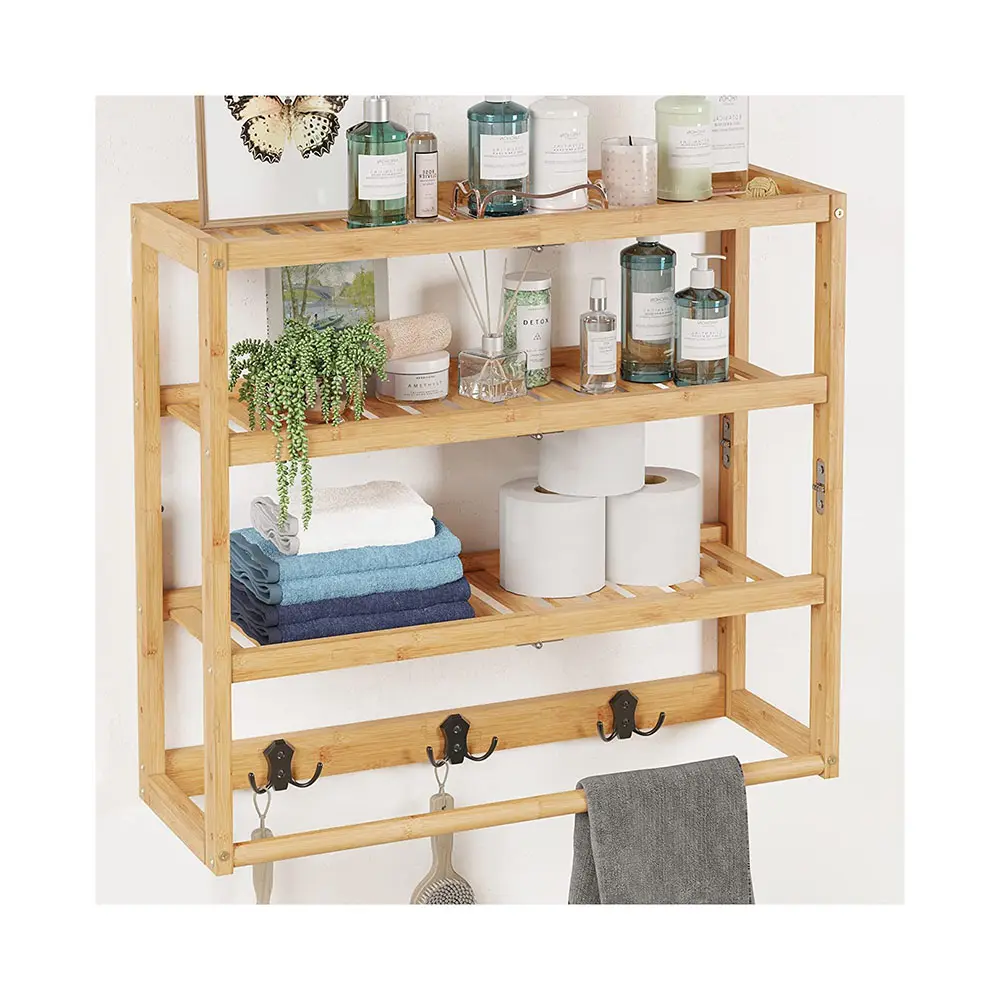 3 livelli di bambù Rack da bagno regolabile a parete mensola per bagno cucina mensola