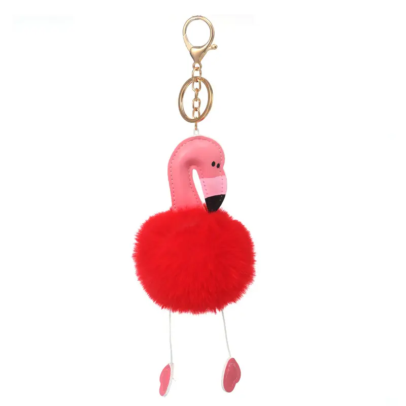 Wholesale Pom ball PU Leather Animal Flamingo Keychain Fur Ball Furry Puff Ball Keychain Hanged Accessory